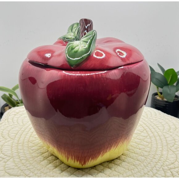 Ceramic Red Apple Cookie Jar With Lid - Hand-Painted Design Made In China - Picture 3 of 9
